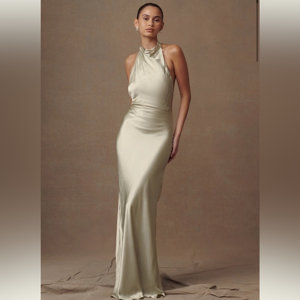 Meshki  Esther Iridescent Satin Cowl Maxi Dress -sage